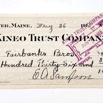 1915 Kineo Trust Company Bank Check E.A. Sampson Dover Maine Signed 7088... - $369.57 MXN