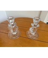 Vintage Fostoria 5.5&quot; Baroque Navarre Etching Clear Glass Candlesticks - $515.18 MXN