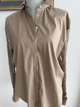 Brunello Cucinelli Poplyn Beige buttonup lace embellished sleeve sz L $ 2109 NWT - £473.71 GBP