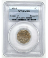 1936-S 5C Buffalo Nickel Graded by PCGS as MS66 Uncirculated - $340.40 CAD