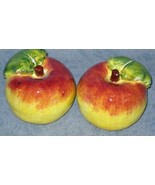 Ceramic Apples 2 Handmade Sculptures Yellow Red With Leaf 4&quot; French Country - $24.00