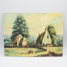 Medio Secolo Pittura a Olio Folk Art Pastorale Fattoria Scena - $118.78