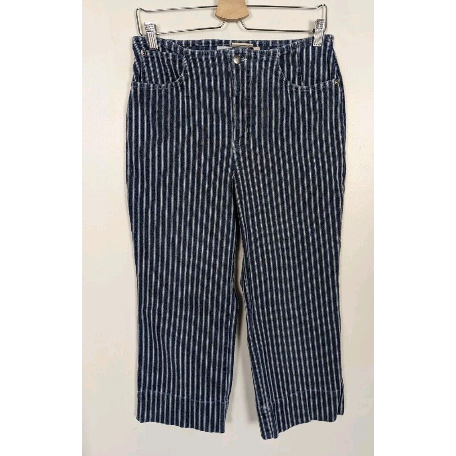 Norm Thompson Size 10 Cropped Striped Jeans Dark Denim - $14.52