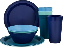 12 Piece Dinnerware Set For 4 Dishes Plates Bowls Mugs Cups Kitchen Blue... - £22.79 GBP
