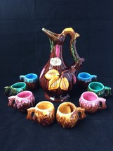 Vintage Vallauris French Hand Paint Floral Decanter with 8 Mugs Art Pottery - $238.99
