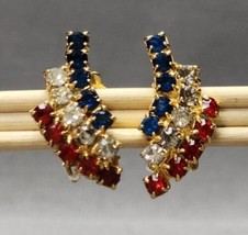 Vintage Patriotic Red White &amp; Blue Rhinestone Cluster Gold-tone Clip-on Earrings - £14.01 GBP