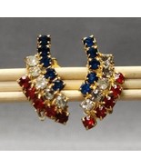 Vintage Patriotic Red White &amp; Blue Rhinestone Cluster Gold-tone Clip-on ... - £13.93 GBP