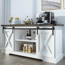 White Coffee Bar Cabinet Sliding Barn Door 58&quot; Farmhouse Buffet Cabinet Kitchen - £216.79 GBP