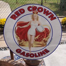 Vintage Red Crown Gasoline Fuel Filling Station Porcelain Gas &amp; Oil Pump Sign - £97.89 GBP