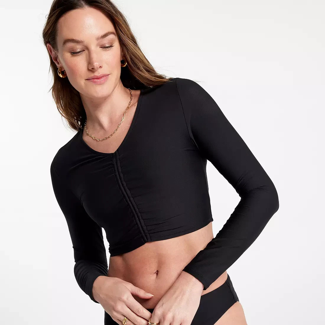 CALIA Women&#39;s Long Sleeve Ruched Swim Rashguard Black Size Small Stretch... - $24.99