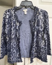 Size 1 Chico&#39;s  Blue Metallic Cheetah Print Open Front Cropped Cardigan ... - $462.49 MXN