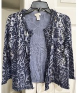 Size 1 Chico&#39;s  Blue Metallic Cheetah Print Open Front Cropped Cardigan ... - $456.30 MXN