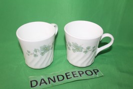 Vintage 2 Piece Corning Callaway Swirl Milk Glass Green Ivy coffee Mugs - £35.47 GBP