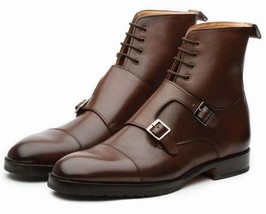 Handmade Men&#39;s Brown Cap Toe Leather Boots, Men Lace Up Double Monk Strap Boot - £120.26 GBP