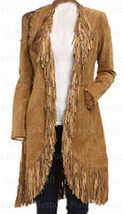 New Women&#39;s  American Brown Western Style Suede Leather Fringed Long Coat-1010 - £215.77 GBP