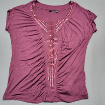 Apt 9 Women Shirt Size M Purple Preppy Sequin V-Neck Short Cap Sleeves Rayon Top - £9.39 GBP