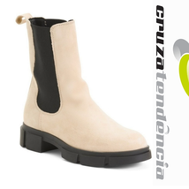Cruza Tendencia Suede Boots Cream Size 7 EU 38 Chelsea Mid Calf Lug Sole... - $74.27
