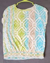 Chico&#39;s Multi Color Ikat Short Sleeve Sheer Lined Round Neck Blouse Top ... - £17.18 GBP
