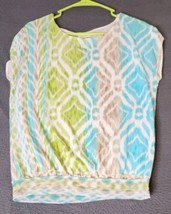 Chico&#39;s Multi Color Ikat Short Sleeve Sheer Lined Round Neck Blouse Top Sz 1 (M) - £16.40 GBP