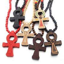Mens Egyptian Ankh Cross Wood Pedant Hip Hop Rock Necklace Wooden Ball Chain 35&quot; - £11.24 GBP