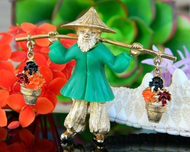Vintage Asian Oriental Chinese Man Carrying Flower Pots Brooch Pin - £27.83 GBP