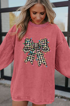 Strawberry Pink Checkered Bow Print Ribbed Crew Neck Pullover Sweatshirt - $19.82