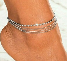 Multi-Strand Silver Anklet, Crystal Ankle Bracelet, Four Strand Anklet, ... - £11.90 GBP