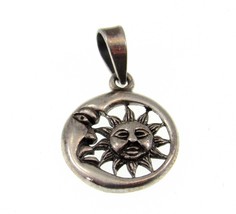 Small Handcrafted Solid 925 Sterling Silver Crescent Moon &amp; Sun Charm Pendant - £17.35 GBP