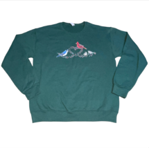 Y2K Green Christmas Sweater Medium Cardinal Blue Bird Holly Sweatshirt J... - £12.01 GBP