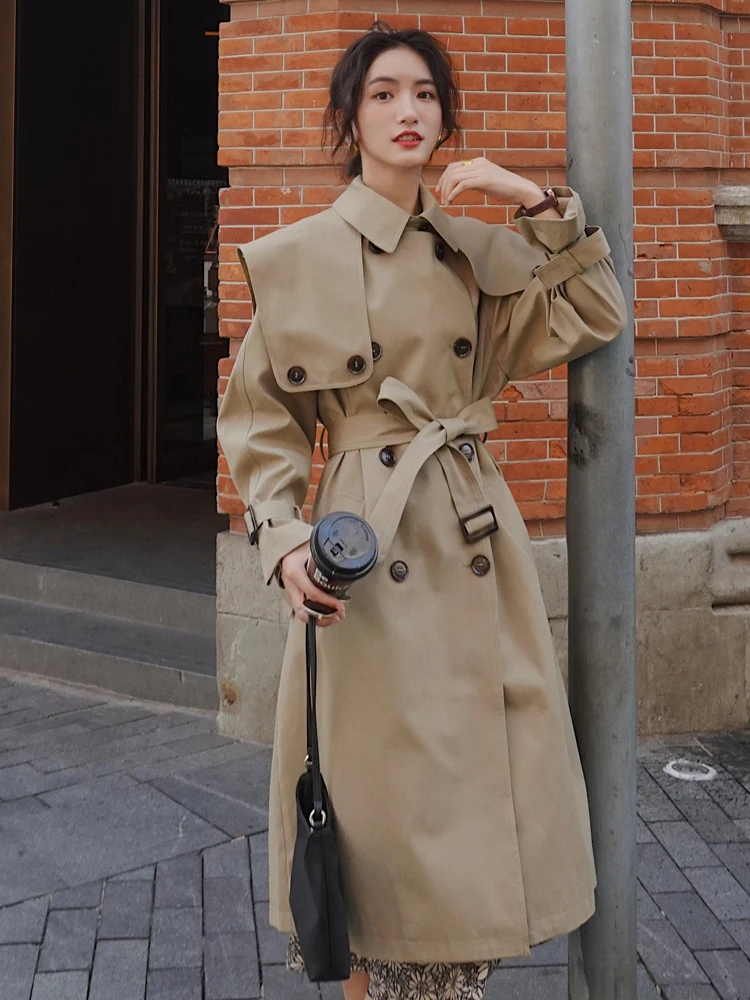 Fashion Korean Style Double-Breasted Long Trench Coat with Sailor Collar Khaki D - £341.72 GBP