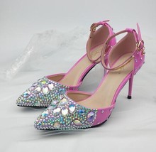 pink color womens summer sandals pointed toe ankle strap crystal wedding shoes B - £151.28 GBP