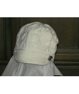 ladies&#39; BEANIE knit hat white w/small visor 2 large rhinestones (cloth b... - £6.23 GBP
