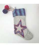 Star Stripe Christmas Stocking 19&quot; Gray Blue Purple With Pom Poms - $5.99