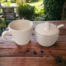Pottery Barn Sausalito Creamer &amp; Sugar Bowl Set With Spoon Off White Stoneware  - £47.32 GBP