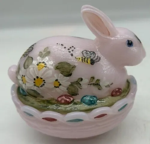 Bunny Rabbit on Basket Dish - Crown Tuscan Pink Handpainted Glass - £53.55 GBP