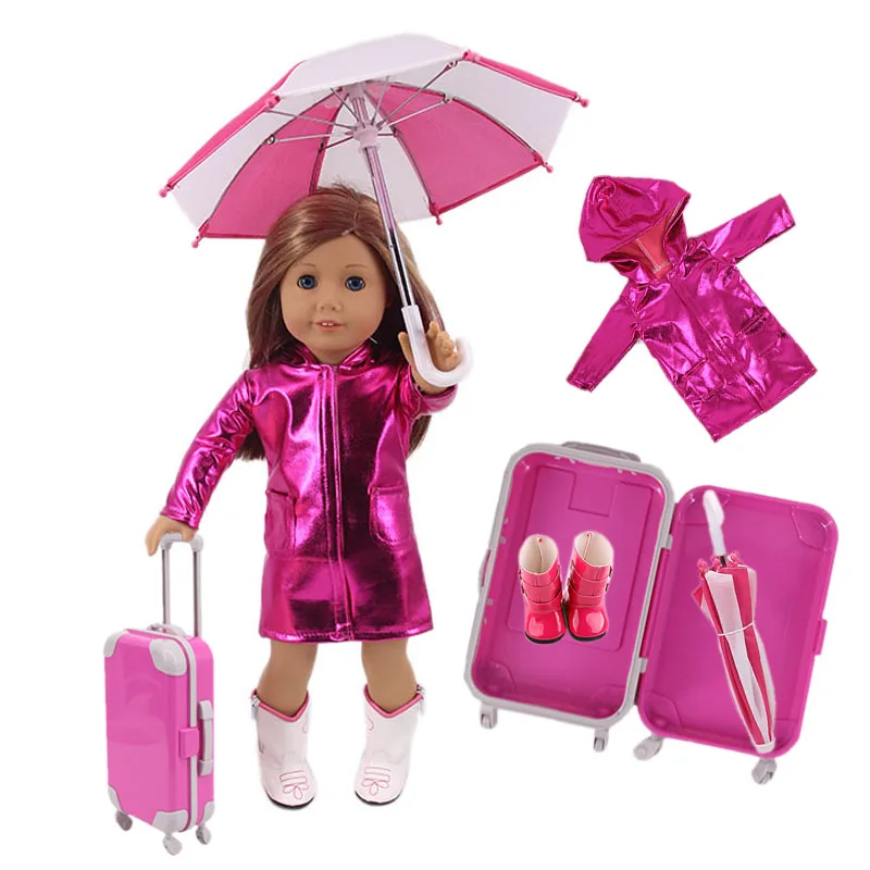 Play 4Pcs=Raincoat+Umbrella+Rain Boots+Suitcase For 18 Inch American Doll&amp;43Cm R - £29.23 GBP