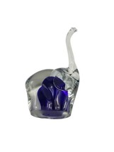 Large Clear &amp; Cobalt Blue Blown Art Glass Elephant Trunk Up Large Figuri... - $24.70