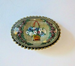 Victorian Reverse Painted Glass Brooch Flower Basket Circa 1910 Brass Fr... - £46.99 GBP