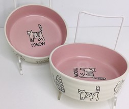 2 Meow FARRAH CAT BOWL 5” Ceramic Pet Dish Food Water Pink Inside Sketch... - £14.90 GBP