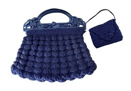 Vintage 1930s Art Deco Blue Popcorn Crocheted Purse Bag Figural FLoral H... - £37.71 GBP