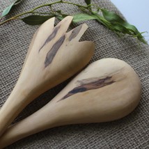 Large Handmade Olive Wood Serving Spoon &amp; Fork Set, Wooden Utensils Made in Jeru - £39.92 GBP