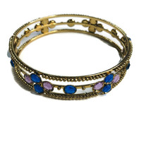 9&quot; Gold Tone Jewel Tone Faceted Beads 1/2&quot; Wide Bangle Bracelet - £7.58 GBP