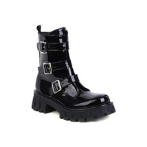 Chunky Heels Motorcycle Buckle Boots Women Bottine Femme Patent Leather Black Pu - £79.29 GBP