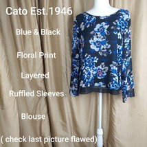 CATO Est 1948 Black  Floral Print Ruffled Sleeves Layered Hem Blouse Siz... - $9.00