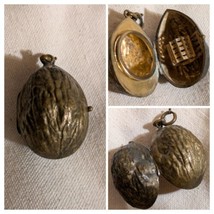 Antique Victorian Figural Walnut Powder Compact &amp; Scent Bottle Brass - £122.51 GBP