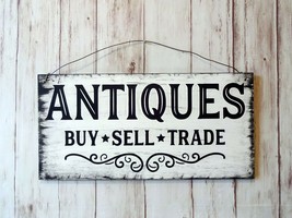 Antiques Buy Sell Trade - Rustic Handmade Wood Sign With Hanger 12&quot; x 6&quot; - £6.84 GBP