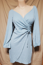 L- Exlura New Collection Light Blue Faux Wrap 3/4 Dress w/Strings 34+&quot; Chest - £11.07 GBP