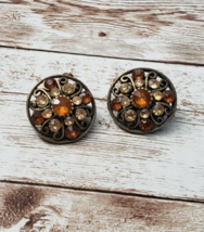Vintage Clip On Earrings Bronze Tone with Orange/Peach Stones Circle - £10.16 GBP