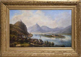 Alpine Valley Landscape with High Hills and River 19th Century Oil Painting - $680.00