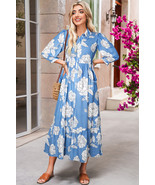 Sky Blue Floral Print Puff Sleeve Collared Dress - $43.41
